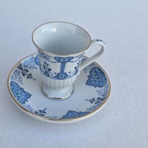 Vintage Avon Teacup and Saucer Set 1984 Blue White Gold Trim Cottagecore Dainty